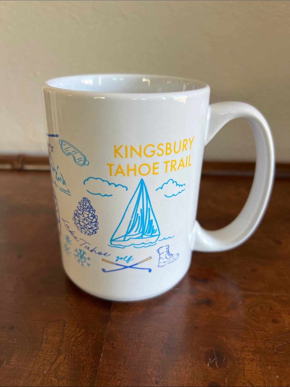 Kingsbury Tahoe Trail White Ceramic Coffee Mug Blue & Yellow VI Resorts 50 years